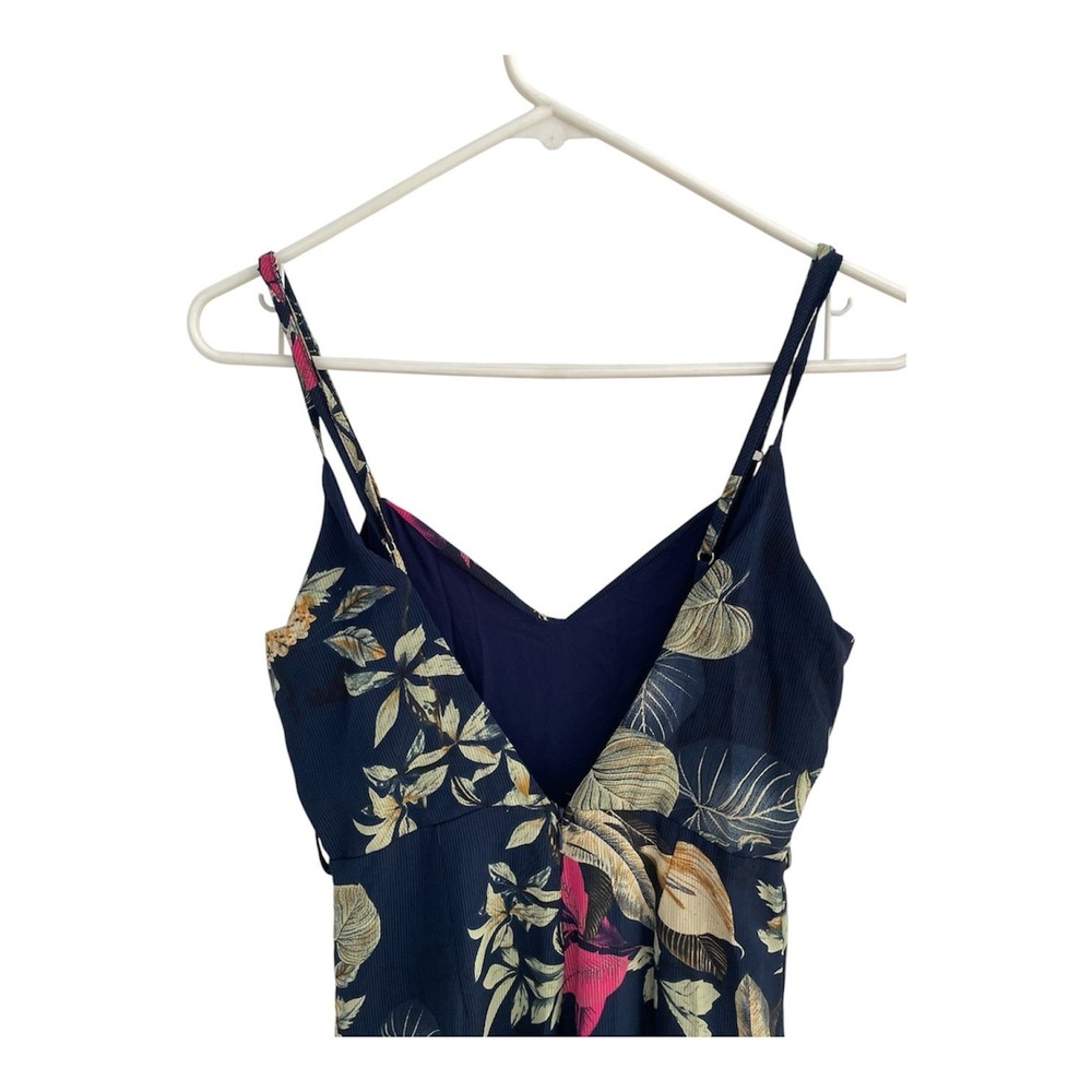 Luxxel Navy Blue Tropical Floral Wide Leg Jumpsuit Small V-Neck Spaghetti Strap - Picture 5 of 8